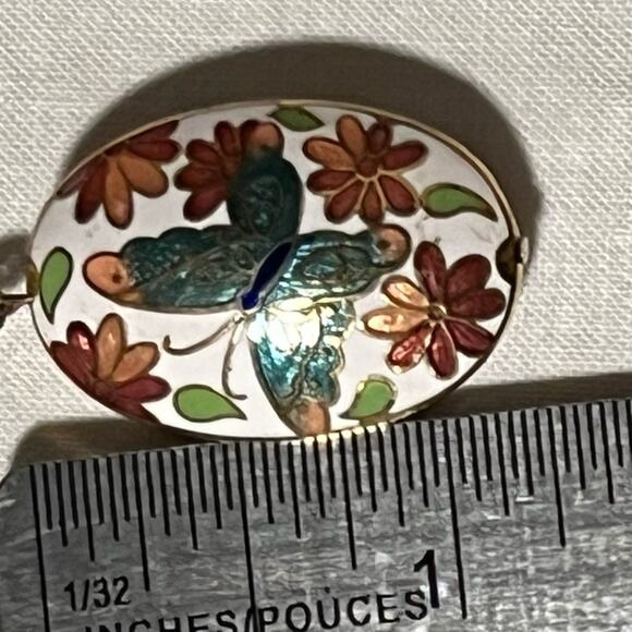 Cloisonné Butterfly Floral Turquoise White Green Gold Tone Necklace Pendant - Picture 5 of 7